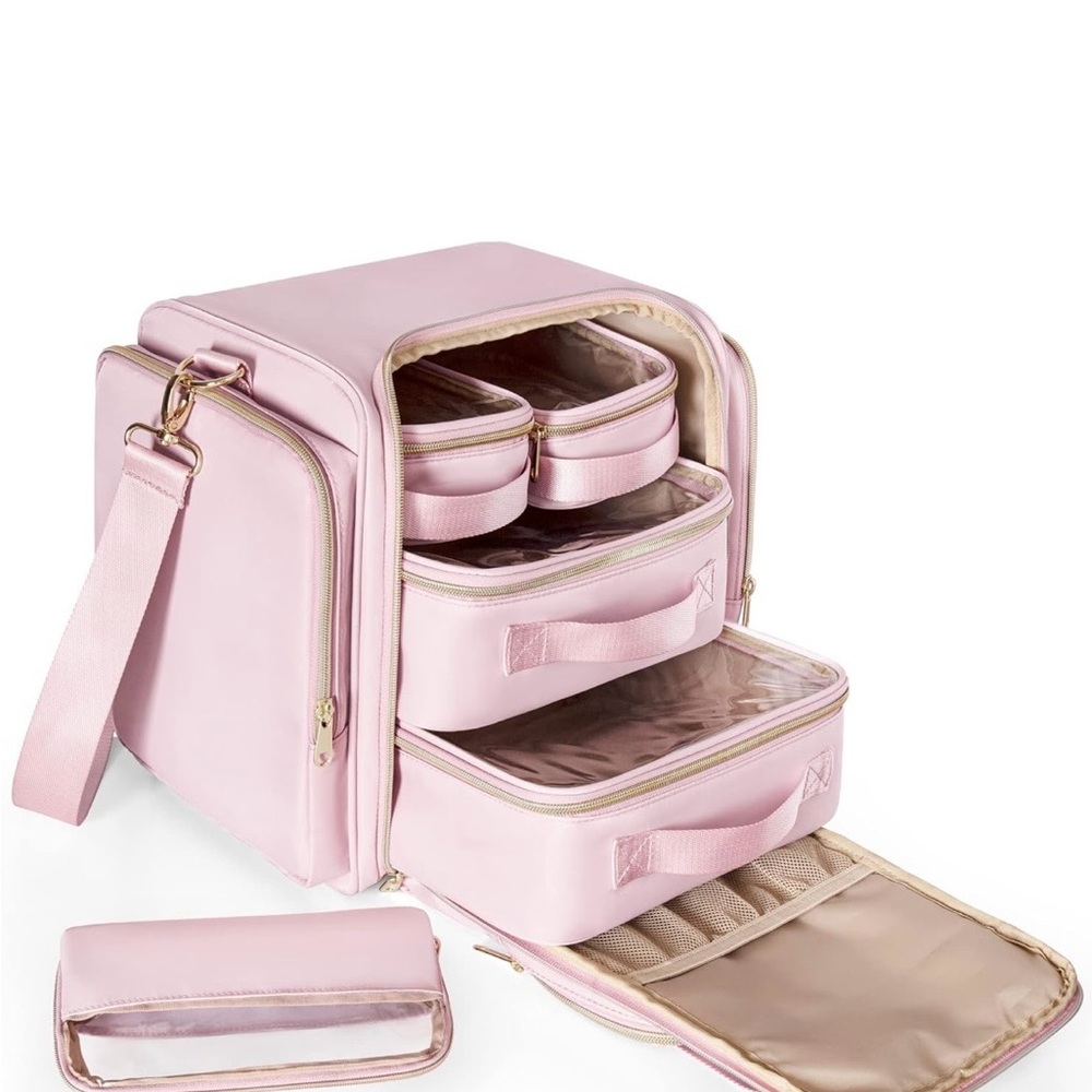 Premium Pink Multi-Compartment Cosmetic Carry Case with Strap